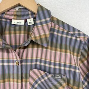 LL BEAN Shirt Womens M Everyday Sunsmart Woven Plaid UPF50 Roll Tab Sleeve Pink